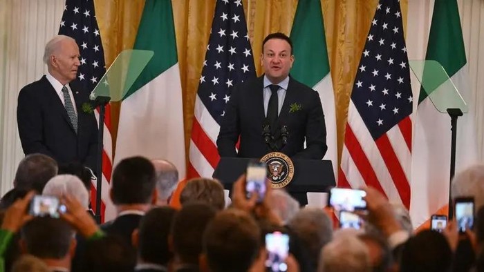 US President Joe Biden listens to Taoiseach of Ireland Leo Varadkar speak during a St. Patrick’s Day Celebration in the East Room of the White House in Washington, DC, on March 17, 2024. (AFP)
