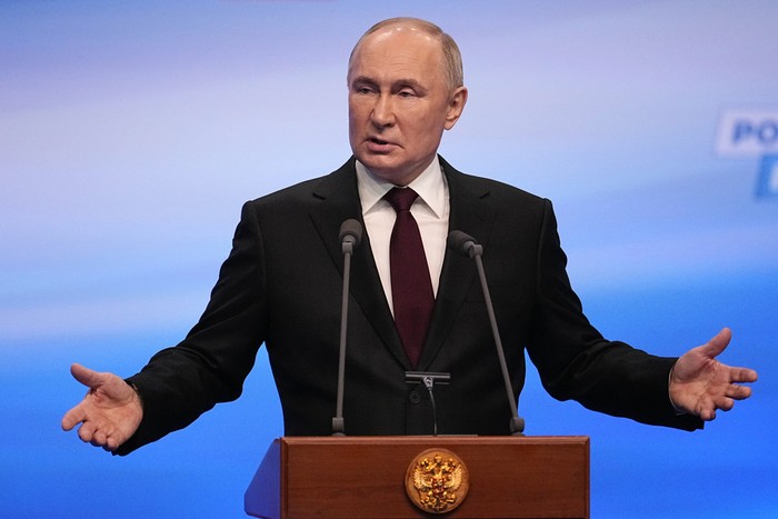 Russian President Vladimir Putin speaks on a visit to his campaign headquarters after a presidential election in Moscow, early Monday, March 18, 2024. (AP Photo/Alexander Zemlianichenko)
