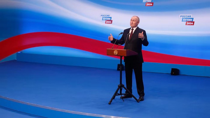 Russian presidential candidate and incumbent President Vladimir Putin speaks after polling stations closed, in Moscow, Russia, March 18, 2024. REUTERS/Maxim Shemetov Purchase Licensing Rights