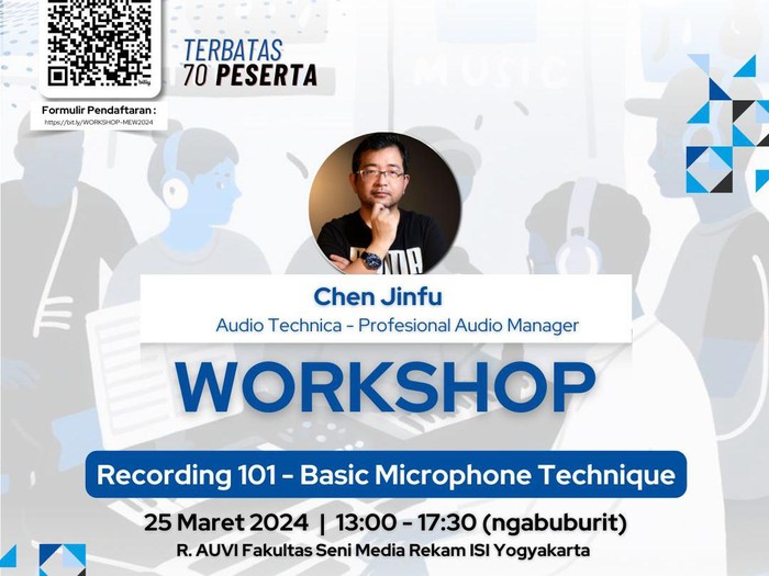 Flyer workshop teknik audio untuk praktisi industri dan mahasiswa di ISI Jogja.