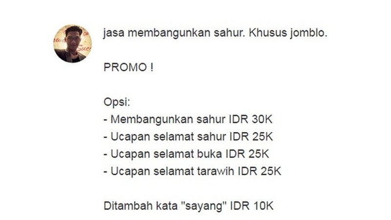 Buat kaum jomblo, boleh dicoba nih langganan jasa bangunin sahur berikut ini. Dijamin, nggak bakal lagi kesiangan sahur.