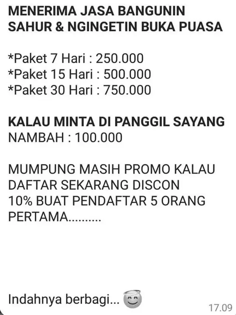 Buat kaum jomblo, boleh dicoba nih langganan jasa bangunin sahur berikut ini. Dijamin, nggak bakal lagi kesiangan sahur.