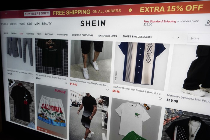Shein Fast Fashion A page from the Shein website is shown in this photo, in New York, Friday, June 23, 2023. Chinas fast fashion retailer Shein is facing a lawsuit that claims the company is infringing on copyrights in a way that amounts to racketeering. (AP Photo/Richard Drew)