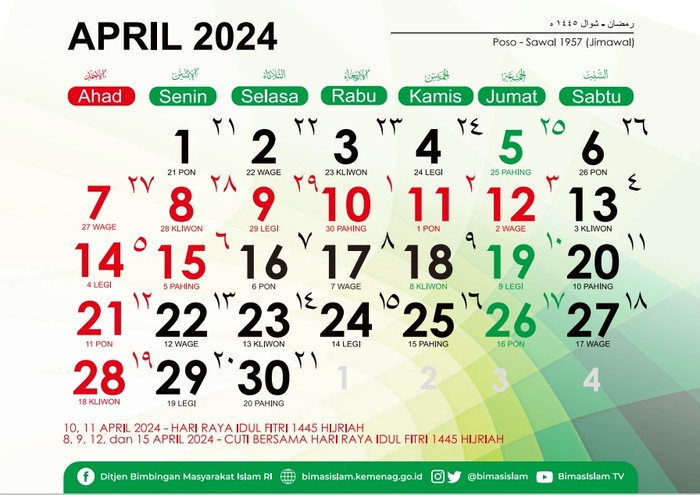 Jadwal Libur Lebaran 2024 pada kalender bulan April.