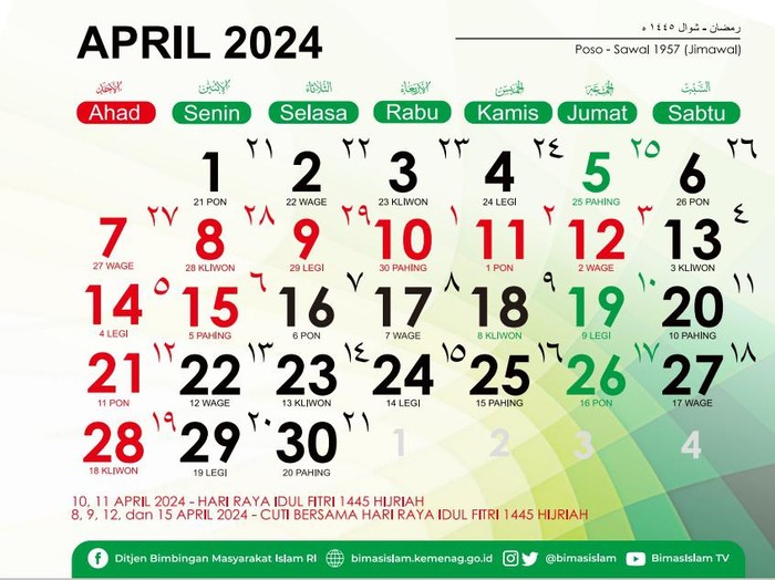 Jadwal Libur Lebaran 2024 pada kalender bulan April.
