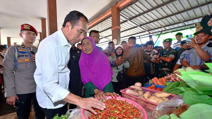 Jokowi meninjau Pasar Sebukit Rama, Mempawah, Kalimantan Barat, Rabu (20/3/2024).