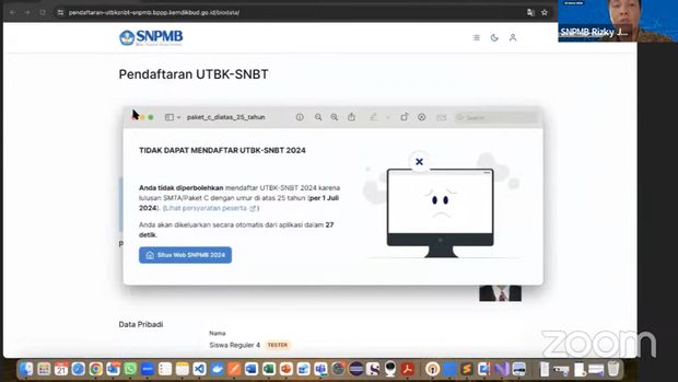 Begini tampilan Portal SNPMB untuk peserta yang tidak seusai kriteria SNBT 2024.