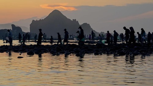 Warga dan wisatawan mencari nyale (cacing laut warna-warni) pada Festival Pesona Bau Nyale 2024 di Pantai Seger Kawasan Ekonomi Khusus (KEK) Mandalika, Kuta, Praya, Lombok Tengah, NTB.