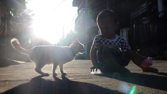 Cuaca Terik di Depok Imbas Fenomena Equinox Dua anak bermain dengan latar belakang matahari bersinar saat fenomena Equinox di Depok, Jawa Barat, Kamis (21/3/2024). Menurut Badan Meteorologi, Klimatologi, dan Geofisika (BMKG), Equinox adalah fenomena yang terjadi ketika posisi Matahari berada tepat di khatulistiwa atau ekuator, secara periodik Equinox berlangsung dua kali setahun, yaitu pada bulan Maret dan September, hal tersebut menyebabkan wilayah tropis sekitar ekuator akan mendapatkan penyinaran matahari maksimum, dan mengakibatkan peningkatan suhu udara secara drastis. ANTARA FOTO/Yulius Satria Wijaya/Spt.