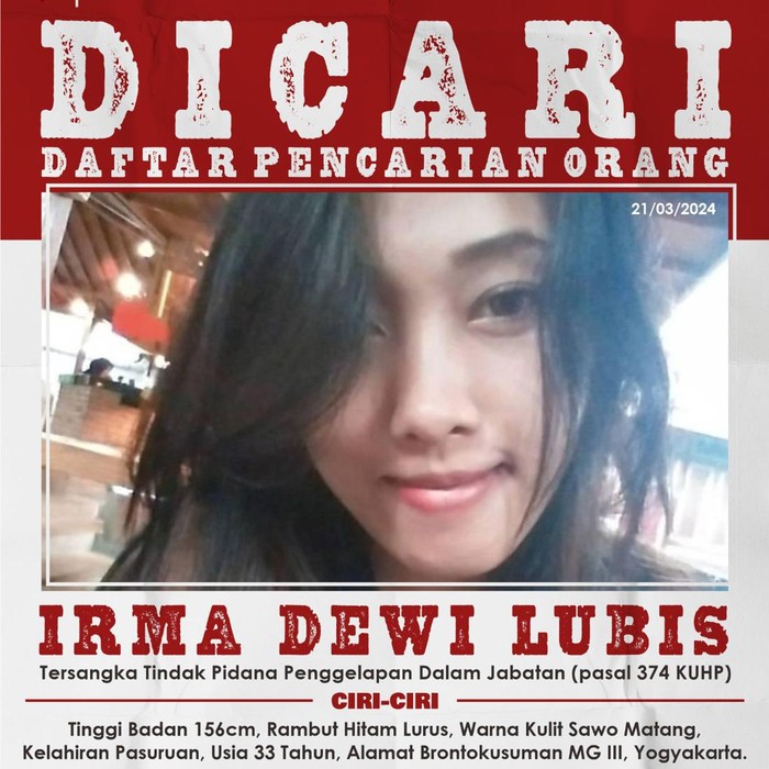 Irma Dewi Lubis (31) masuk dalam DPO Polres Bantul. Foto diunggah pada Kamis (21/3/2024).