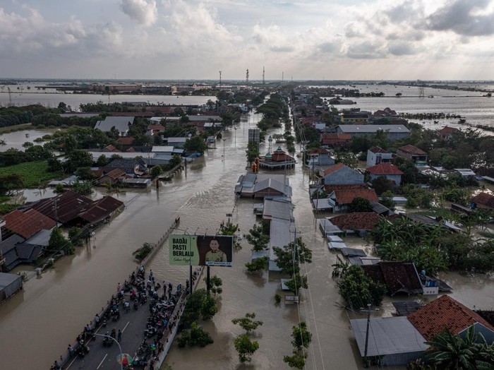 Foto udara kondisi jalur utama pantura Demak-Kudus yang terendam banjir di Kecamatan Karanganyar, Kabupaten Demak, Jawa Tengah, Senin (18/3/2024). Menurut data yang dihimpun BPBD Kabupaten Demak dari Rabu (13/3) hingga Senin (18/3) banjir yang kembali melanda Kabupaten Demak itu karena curah hujan tinggi yang menyebabkan sejumlah tanggul sungai jebol sehingga mengakibatkan ribuan rumah terendam banjir di 89 desa dari 11 kecamatan, 24.946 jiwa mengungsi, serta terputusnya jalur utama pantura Demak-Kudus. ANTARA FOTO/Aji Styawan/aww.