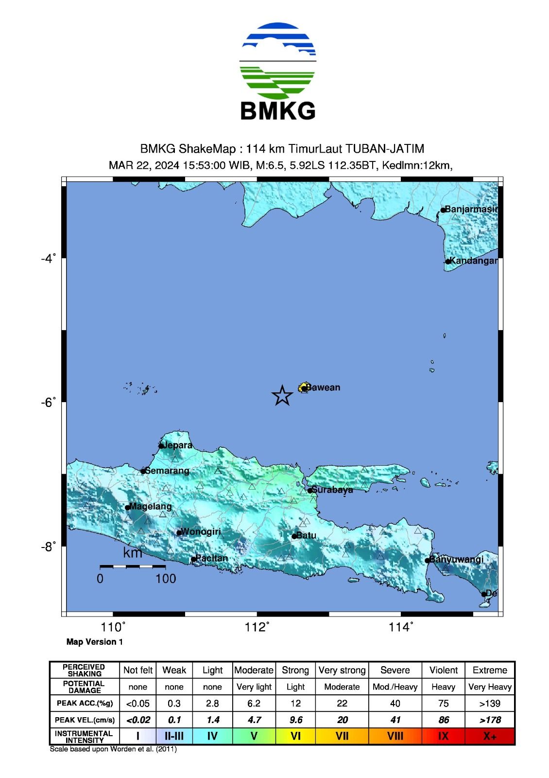 Gempa susulan kembali mengguncang Tuban Jawa Timur dengan Magnitudo 6,5 M. (Sosial Media X @infoBMKG)