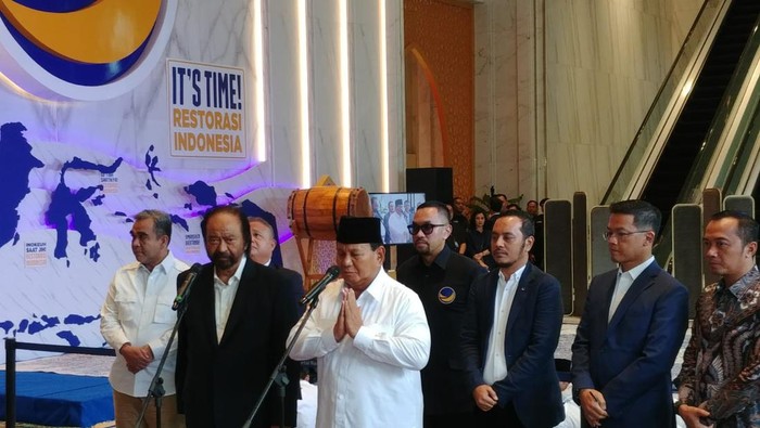 Konferensi pers Surya Paloh dan Prabowo Subianto di NasDem Tower (Kurniawan/detikcom)