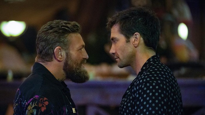 This image released by Prime Video shows Conor McGregor, left, and Jake Gyllenhaal in a scene from 