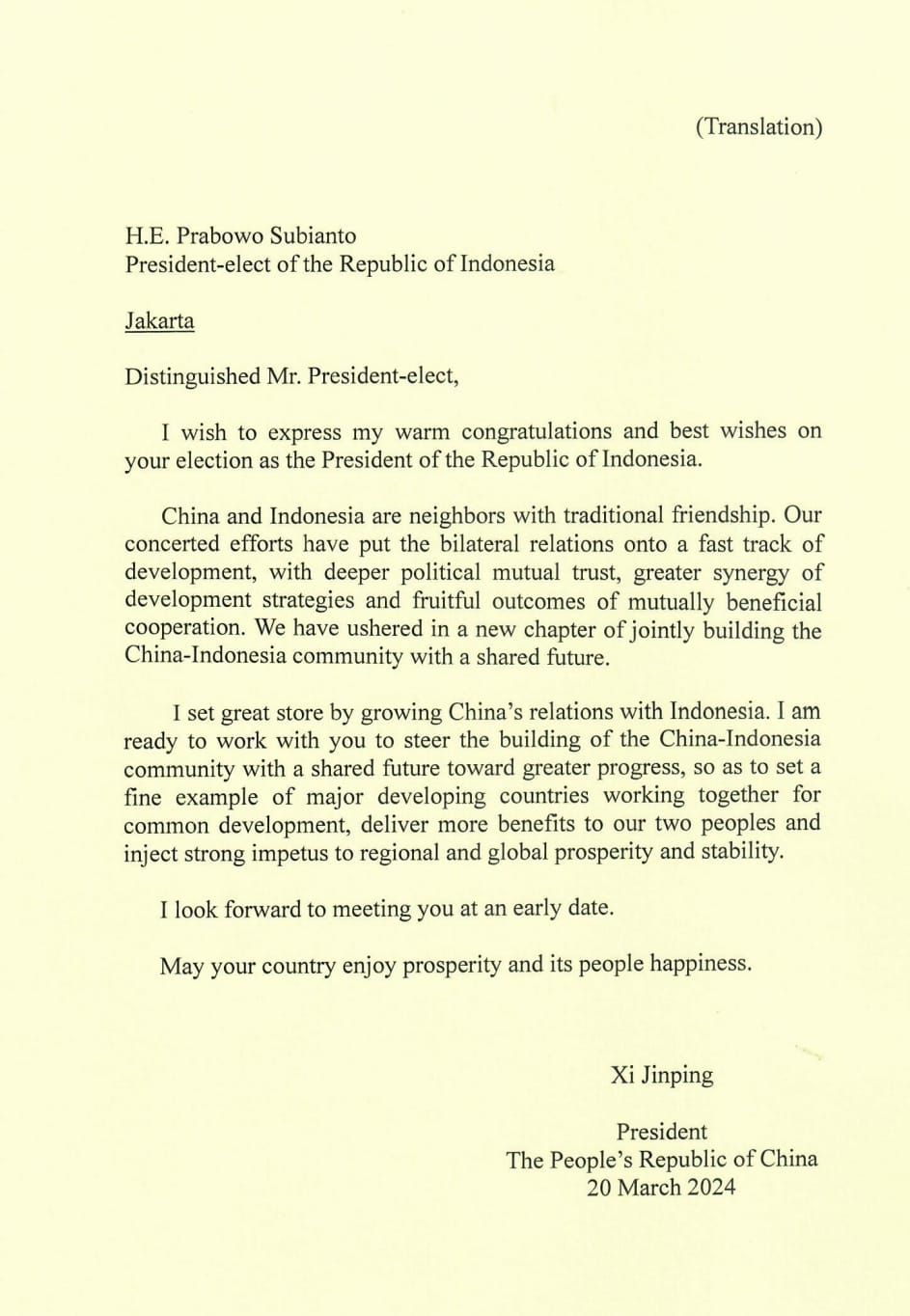 Surat dari Presiden China Xi Jinping untuk Prabowo Subianto. (Dok. Tim Media Prabowo)