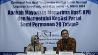 Lingkaran Survei Indonesia (LSI) Denny JA melakukan survei mengenai keputusan KPU terkait hasil Pemilu 2024. Hasilnya, 89,8% publik akan menyetujui keputusan KPU.
