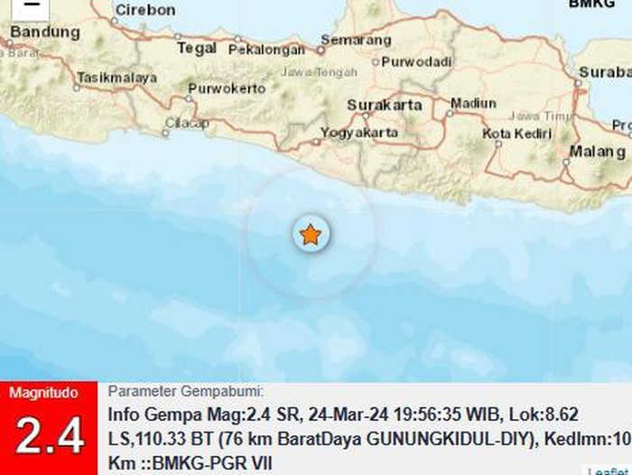 Gempa bumi magnitudo (M) 2,4 di perairan Kabupaten Gunungkidul, Minggu (24/3/2024) pukul 19.56 WIB.