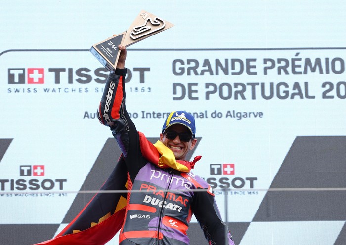 MotoGP - Portuguese Grand Prix - Algarve International Circuit, Portimao, Portugal - March 24, 2024 Prima Pramac Racings Jorge Martin celebrates on the podium after winning the race REUTERS/Rodrigo Antunes