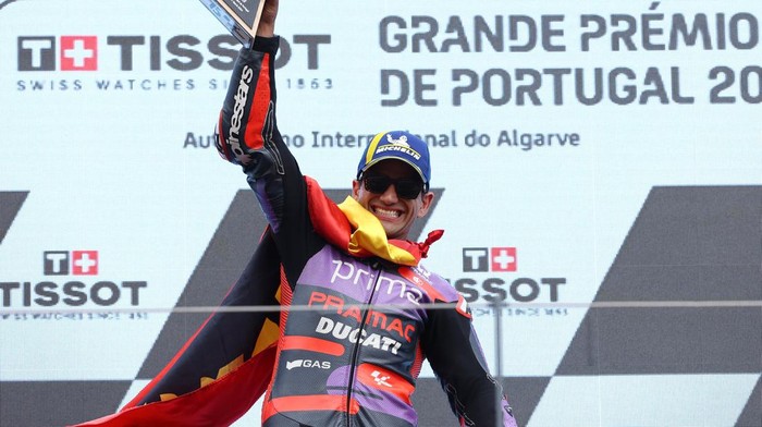 MotoGP - Portuguese Grand Prix - Algarve International Circuit, Portimao, Portugal - March 24, 2024 Prima Pramac Racings Jorge Martin celebrates on the podium after winning the race REUTERS/Rodrigo Antunes