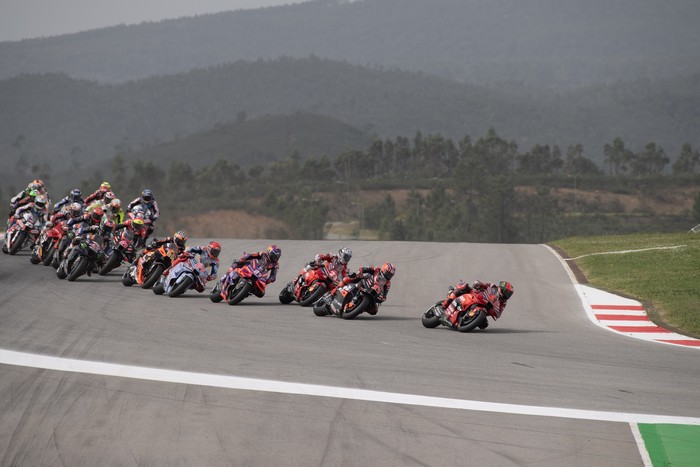 LAGOA, ALGARVE, PORTUGAL - MARCH 23: Francesco Bagnaia of Italy and Ducati Lenovo Team leads the field during the MotoGP Of Portugal - Sprint at Autodromo do Algarve on March 23, 2024 in Lagoa, Algarve, Portugal. (Photo by Mirco Lazzari gp/Getty Images)