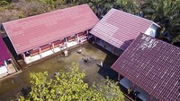 Foto udara SDN 34 Sungai Bungur di Muaro Jambi, Jambi, Senin (25/3/2024). Saat ini banjir yang merendam ruang kelas sudah surut. Hanya halaman sekolah yang masih tergenang.