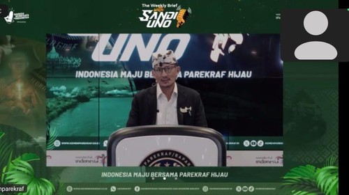 Menparekraf Sandiaga Salahuddin Uno dalam acara The Weekly Brief with Sandi Uno (WBSU), Senin (25/3/2024). (Ni Made Lastri Karsiani Putri-detikBali)