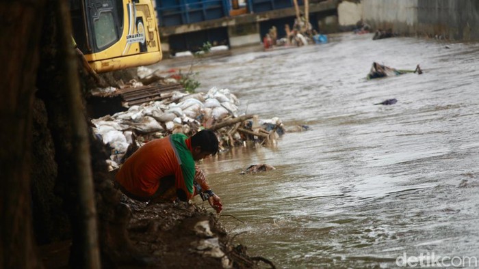 Penampakan Titik Luapan Sungai yang Bikin Hek Kramat Jati Kebanjiran Petugas membersihkan sampah di lokasi meluapnya air kali Hek Kramat Jati, Jakarta Timur, Senin (25/3/2024).