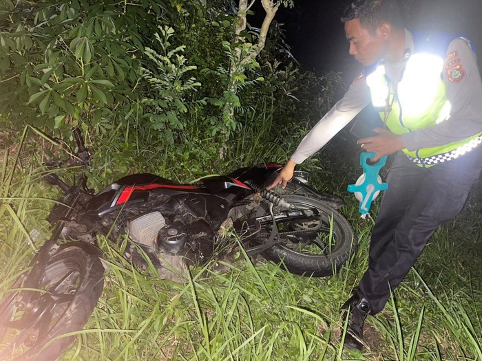 Polisi melakukan olah TKP di lokasi tewasnya pria asal Situbondo seusai menabrak pohon di Jalan Raya Jurusan Denpasar-Gilimanuk, Desa Banyubiru, Kecamatan Negara Kabupaten Jembrana, Bali, Senin (25/3/2024). (Foto: Dok. Polres Jembrana)