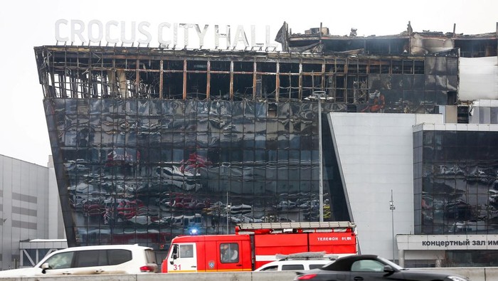 A view shows the Crocus City Hall concert venue following Friday's deadly attack, outside Moscow, Russia, March 23, 2024.  Sergei Vedyashkin/Moscow News Agency/Handout via REUTERS ATTENTION EDITORS - THIS IMAGE HAS BEEN SUPPLIED BY A THIRD PARTY. MANDATORY CREDIT.