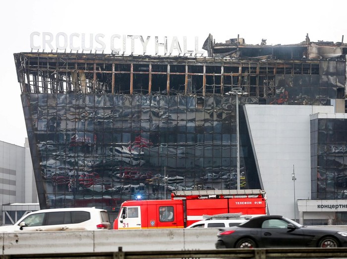 A view shows the Crocus City Hall concert venue following Fridays deadly attack, outside Moscow, Russia, March 23, 2024.  Sergei Vedyashkin/Moscow News Agency/Handout via REUTERS ATTENTION EDITORS - THIS IMAGE HAS BEEN SUPPLIED BY A THIRD PARTY. MANDATORY CREDIT.