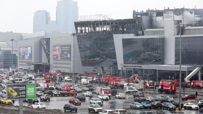 A view shows the Crocus City Hall concert venue following Fridays deadly attack, outside Moscow, Russia, March 23, 2024.  Sergei Vedyashkin/Moscow News Agency/Handout via REUTERS ATTENTION EDITORS - THIS IMAGE HAS BEEN SUPPLIED BY A THIRD PARTY. MANDATORY CREDIT.