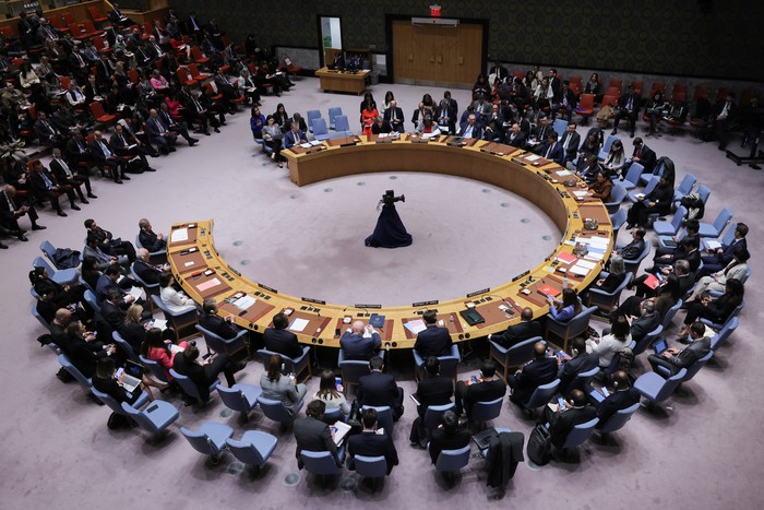 Members of the United Nations Security Council meet on the day of a vote on a Gaza resolution that demands an immediate ceasefire for the month of Ramadan leading to a permanent sustainable ceasefire, and the immediate and unconditional release of all hostages, at U.N. headquarters in New York City, U.S., March 25, 2024. REUTERS/Andrew Kelly