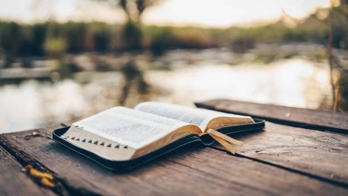 Open Bible on a wooden board near the river.