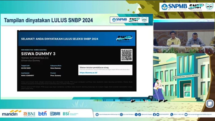 Tampilan pengumuman SNBP 2024 bagi siswa lolos dan tidak lolos seleksi.