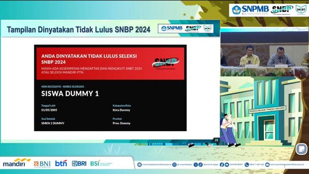 Tampilan pengumuman SNBP 2024 bagi siswa lolos dan tidak lolos seleksi.