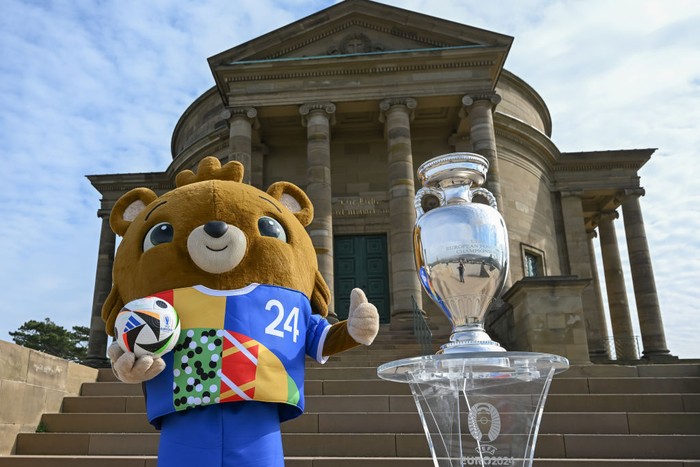 STUTTGART, GERMANY - MARCH 22: The Trophy and Mascot Albärt are seen at Grabkapelle during the UEFA EURO 2024 Trophy Tour on March 22, 2024 in Stuttgart, Germany. (Photo by Christian Kaspar-Bartke - UEFA/UEFA via Getty Images)
