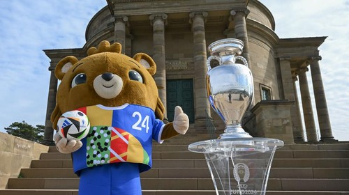 STUTTGART, GERMANY - MARCH 22: The Trophy and Mascot Albärt are seen at Grabkapelle during the UEFA EURO 2024 Trophy Tour on March 22, 2024 in Stuttgart, Germany. (Photo by Christian Kaspar-Bartke - UEFA/UEFA via Getty Images)