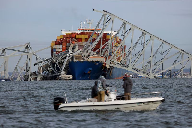 A view of the Dali cargo vessel which crashed into the Francis Scott Key Bridge causing it to collapse in Baltimore, Maryland, March 26.  REUTERS/Julia Nikhinson Purchase Licensing Rights