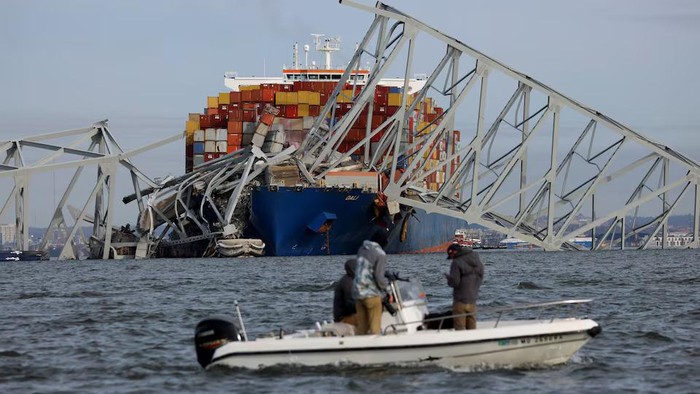 A view of the Dali cargo vessel which crashed into the Francis Scott Key Bridge causing it to collapse in Baltimore, Maryland, March 26.  REUTERS/Julia Nikhinson Purchase Licensing Rights