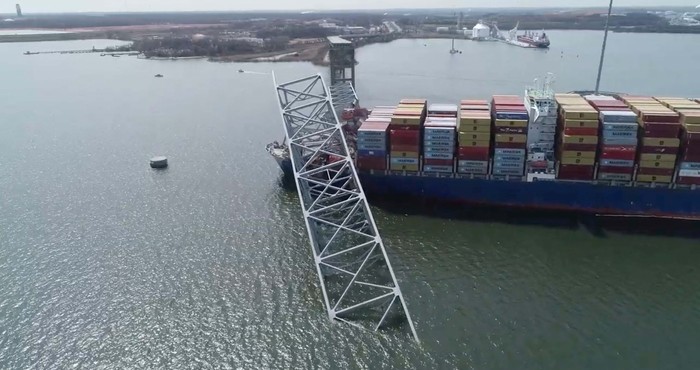 A drone view of the Dali cargo vessel, which crashed into the Francis Scott Key Bridge causing it to collapse, in Baltimore, Maryland, U.S., March 26, 2024, in this still image taken from a handout video. NTSB/Handout via REUTERS    THIS IMAGE HAS BEEN SUPPLIED BY A THIRD PARTY. MANDATORY CREDIT