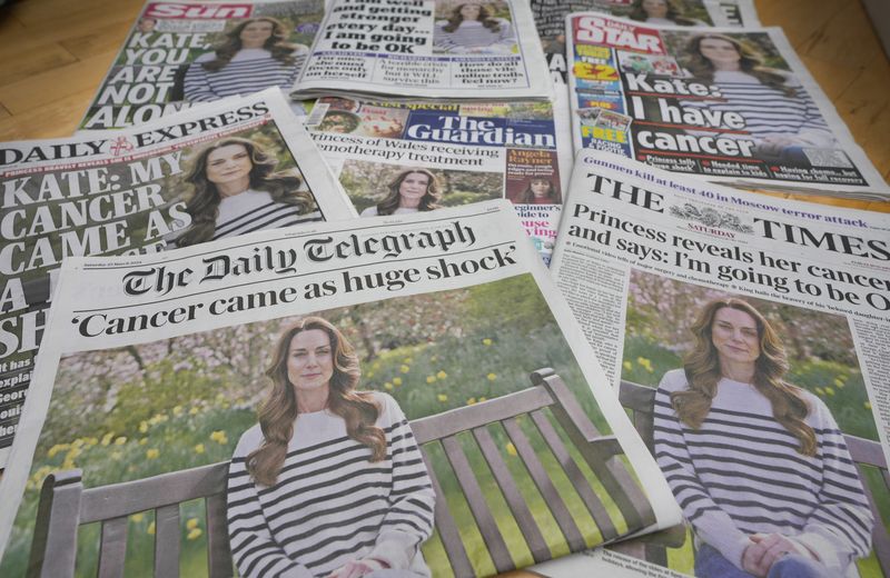A montage of the front pages of some of Britain's newspapers in London, Saturday, March 23, 2024. Britain's Kate, Princess of Wales' revelation that she is undergoing treatment for cancer has sparked an outpouring of support and well wishes from around the world. (AP Photo/Kirsty Wigglesworth)