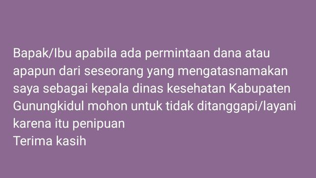 Nama Kepala Dinkes Gunungkidul Ismono dicatut untuk penipuan.