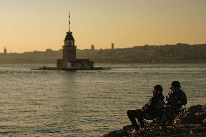 Ferry boats sail the Bosphorus connecting the European side, up and bottom, with the Asian side, top right, of Istanbul, Turkey, Wednesday, March 6, 2024. (AP Photo/Emrah Gurel)