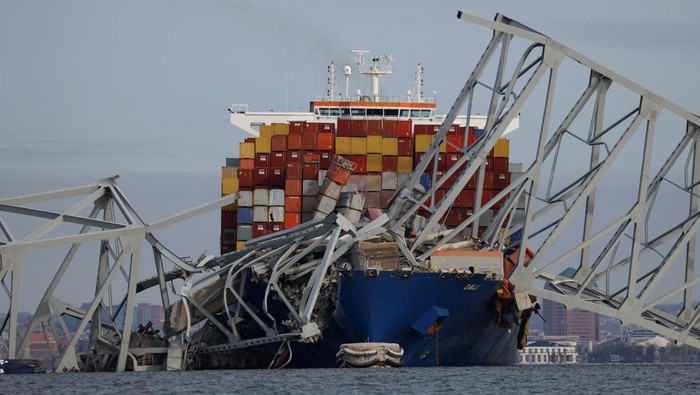 A view of the Dali cargo vessel which crashed into the Francis Scott Key Bridge causing it to collapse in Baltimore, Maryland, U.S., March 26, 2024.  REUTERS/Julia Nikhinson