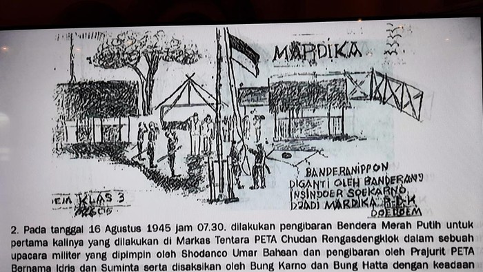 Sketsa penyambutan Soekarno-Hatta dengan upacara militer di Markas PETA Rengasdengklok Sketsa penyambutan Soekarno-Hatta dengan upacara militer di Markas PETA Rengasdengklok