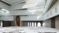 Studio ini menggunakan pelapis batu dan plesteran tanah liat untuk menciptakan gambaran yang lembut namun autentik, sebagai interpretasi ulang dari era klasik Mamluki. Palet warnanya menampilkan abu-abu dan putih sejuk yang dilengkapi dengan aksen kuningan halus, ukiran kaligrafi Al-Quran, dan kerajinan logam.Foto: Mohammed Alsaad and Nasser Alomairi via Dezeen