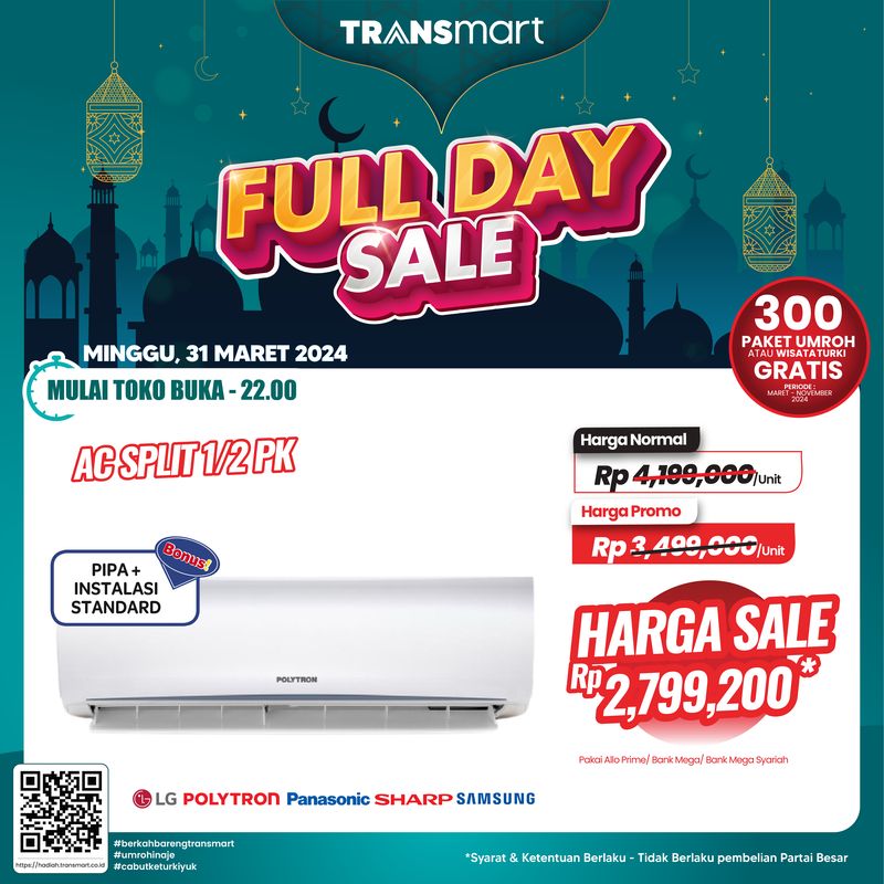 AC Split 1/2 PK di Transmart Full Day Sale hari ini, Minggu (31/3/2024).