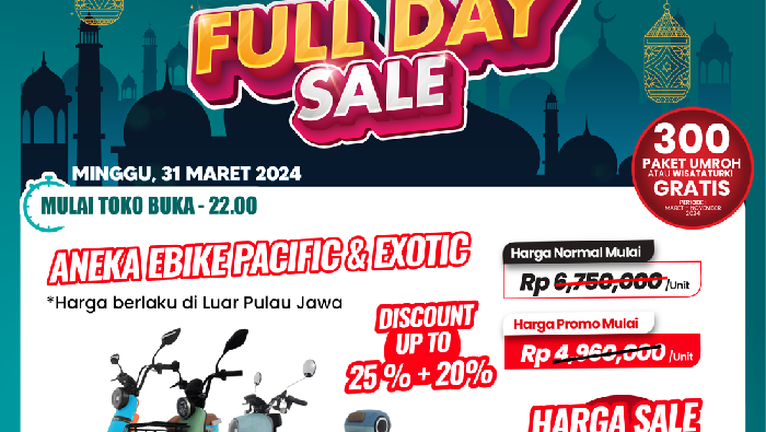 Diskon sepeda listrik di Transmart Full Day Sale hari ini, Minggu (31/3/2024).