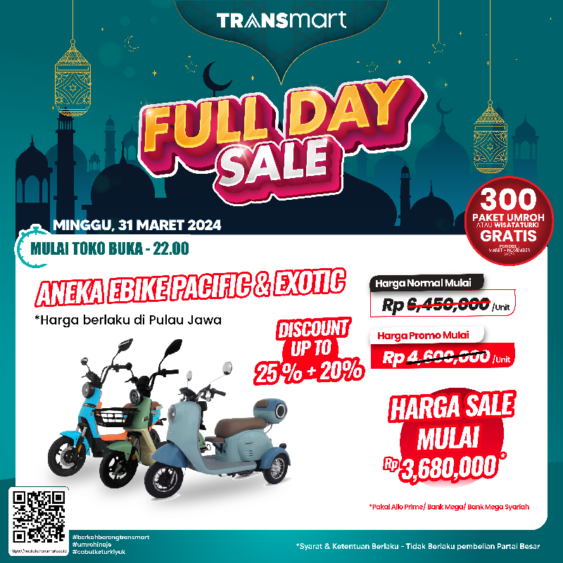 Diskon sepeda listrik di Transmart Full Day Sale hari ini, Minggu (31/3/2024).