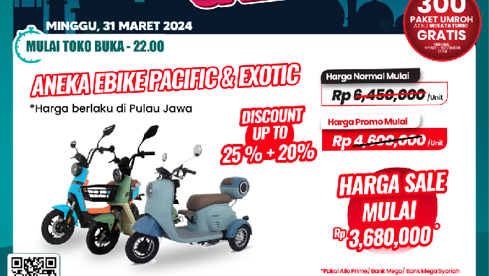 Diskon sepeda listrik di Transmart Full Day Sale hari ini, Minggu (31/3/2024).